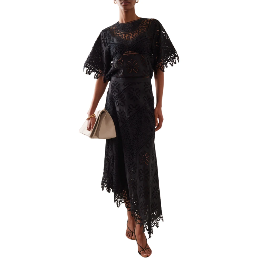 Ulla Johnson Bloemen Kant Patchwork Asymmetrische Linnen Rok Black Dames