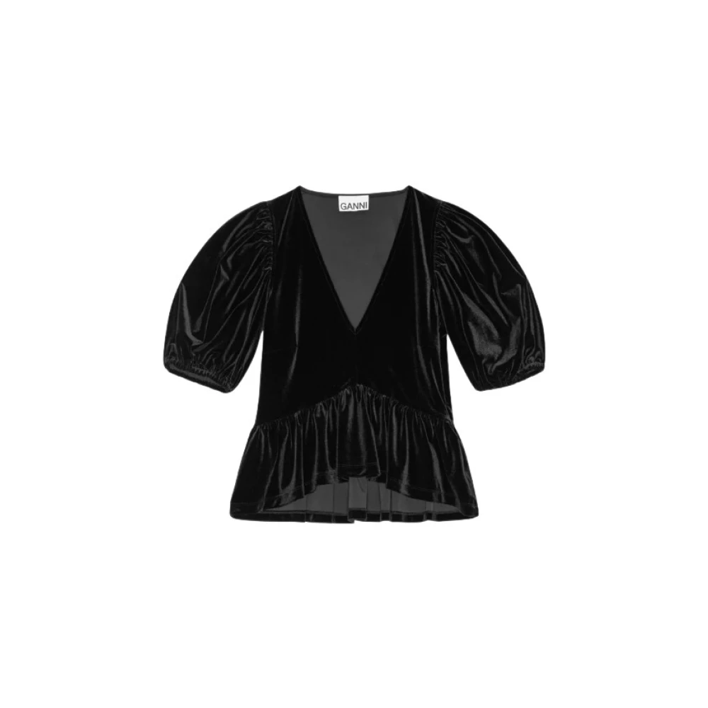 Ganni Zwarte Velvet V-Hals Blouse Black Dames