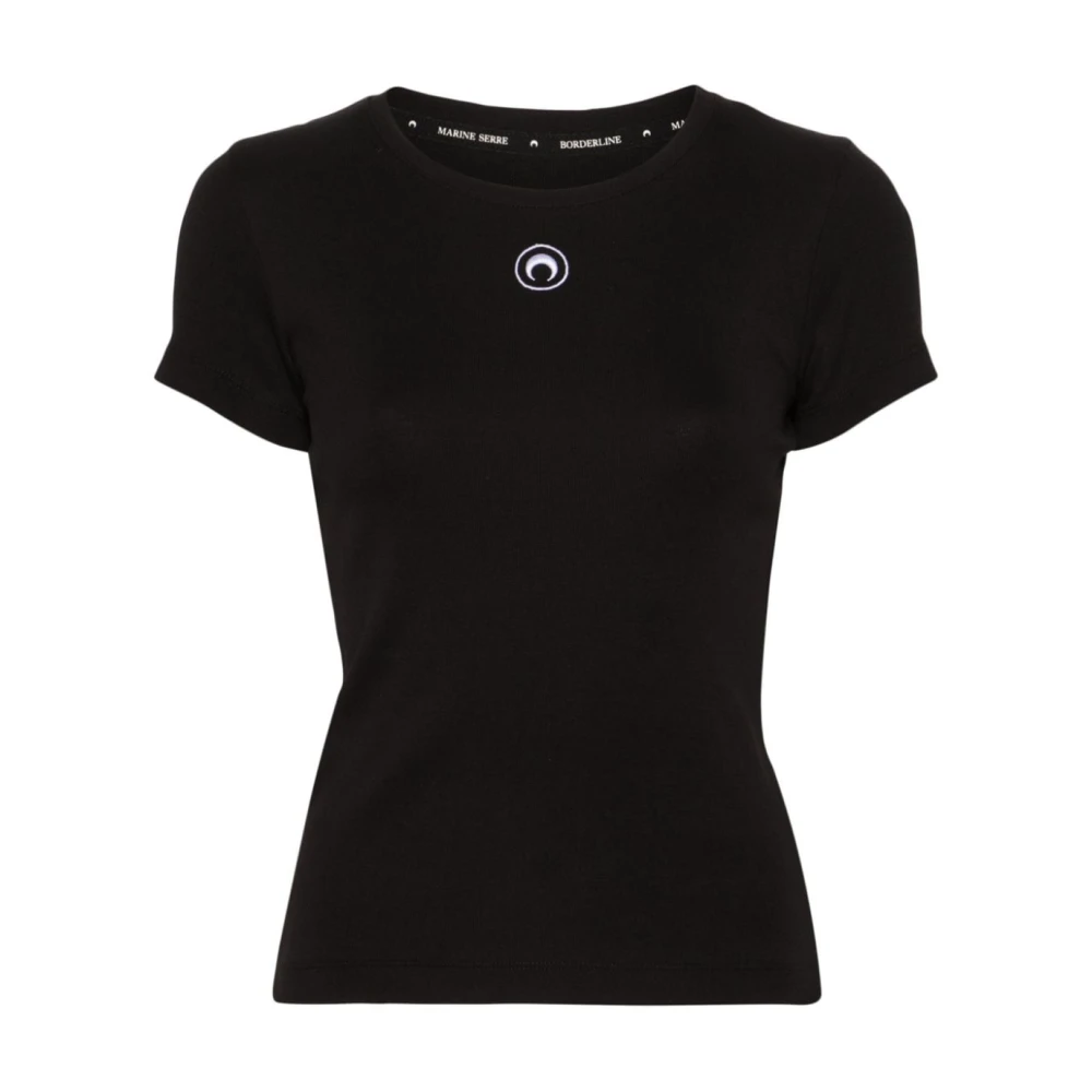 Marine Serre Zwarte biologisch katoenen T-shirt met halve maan borduursel Black Dames