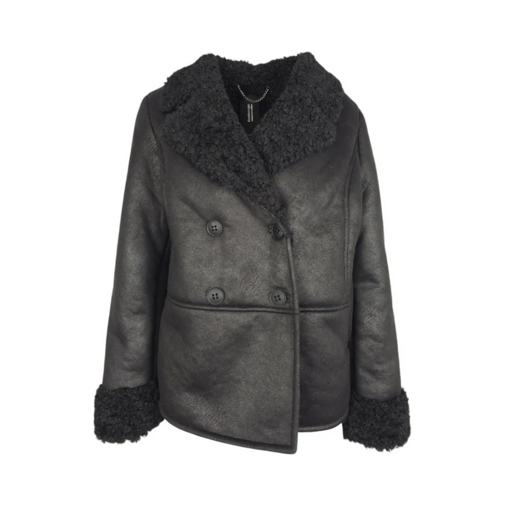 BomBoogie Zwarte dubbelrijige jas met imitatiebont Black Dames