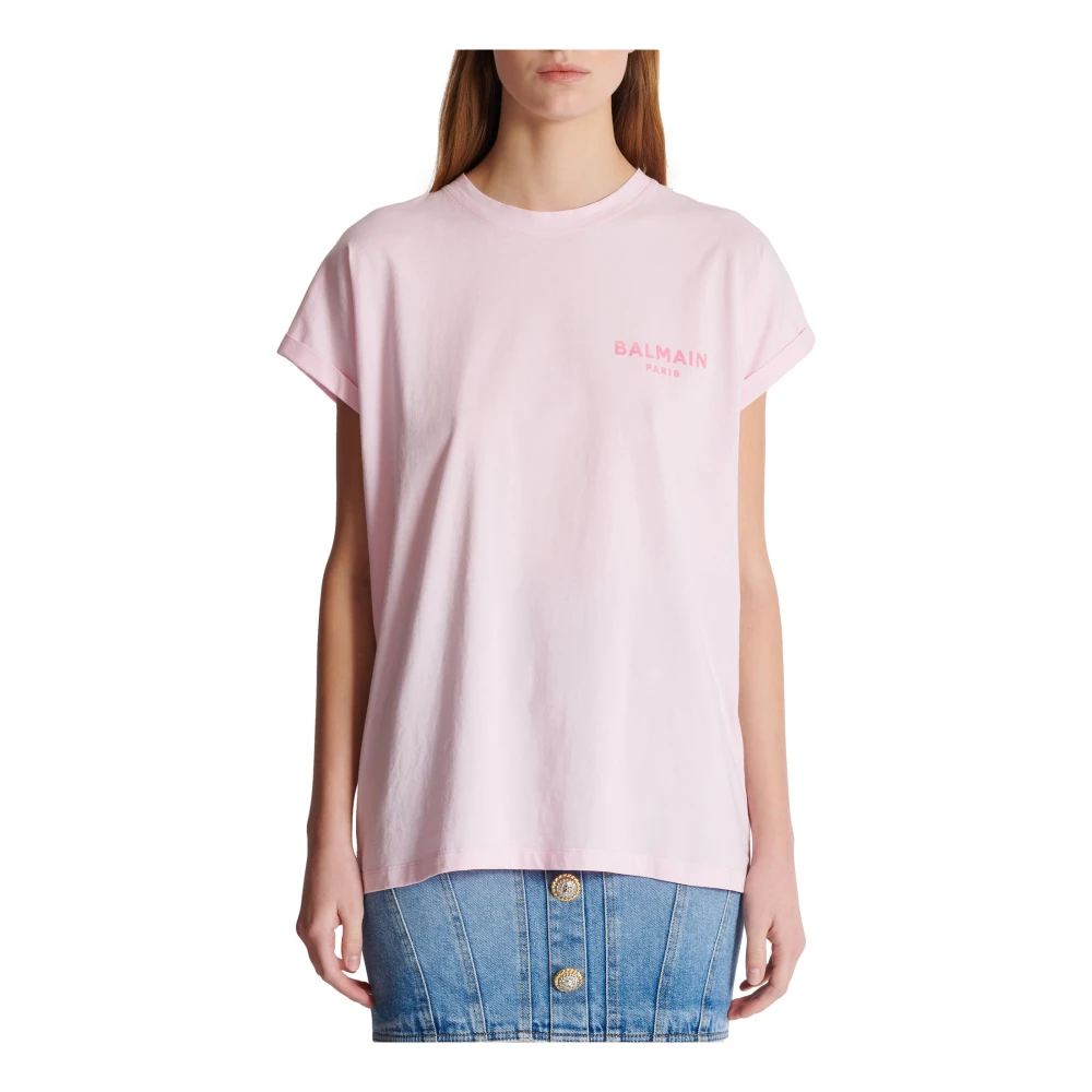 Balmain T-shirt met flock Paris logo Pink Dames
