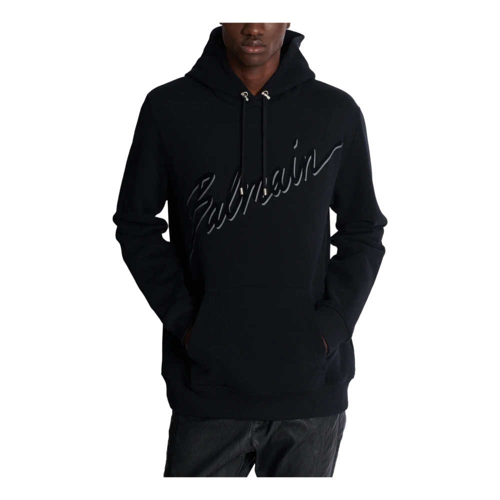 Balmain Flocked Letter Hoodie Black Heren