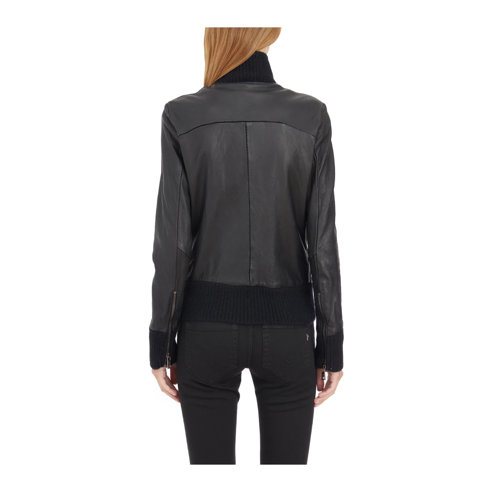 Giorgio Brato Hoge hals leren bomberjack Black Dames