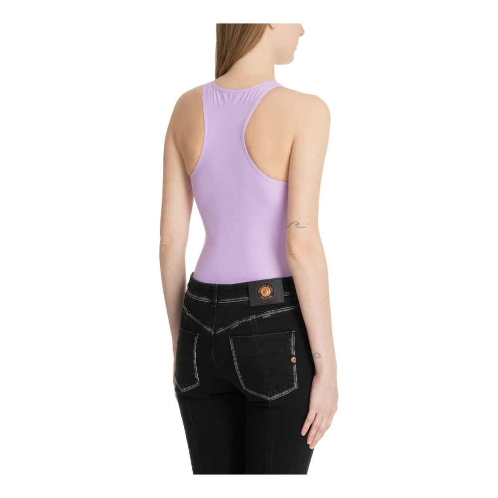 Versace Jeans Couture Gestreepte Logo Bodysuit met Haak-en-oogsluiting Purple Dames