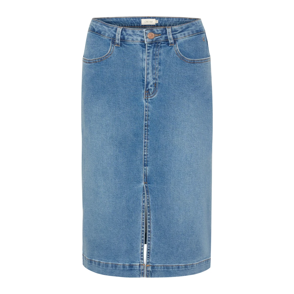 Cream Denim Rok met Klassieke Snit en Voor Split Blue Dames