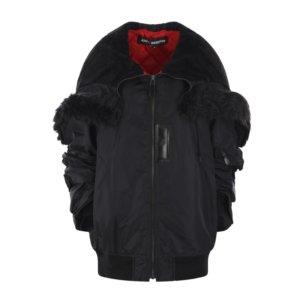 Junya Watanabe Zwarte oversized bomberjack met nepbont capuchon Black Dames