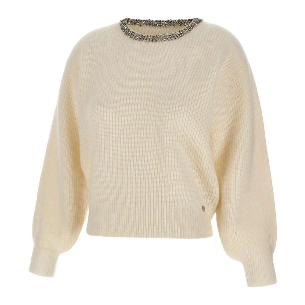 Liu Jo Witte Geribbelde Wollen Trui met Strass White Dames