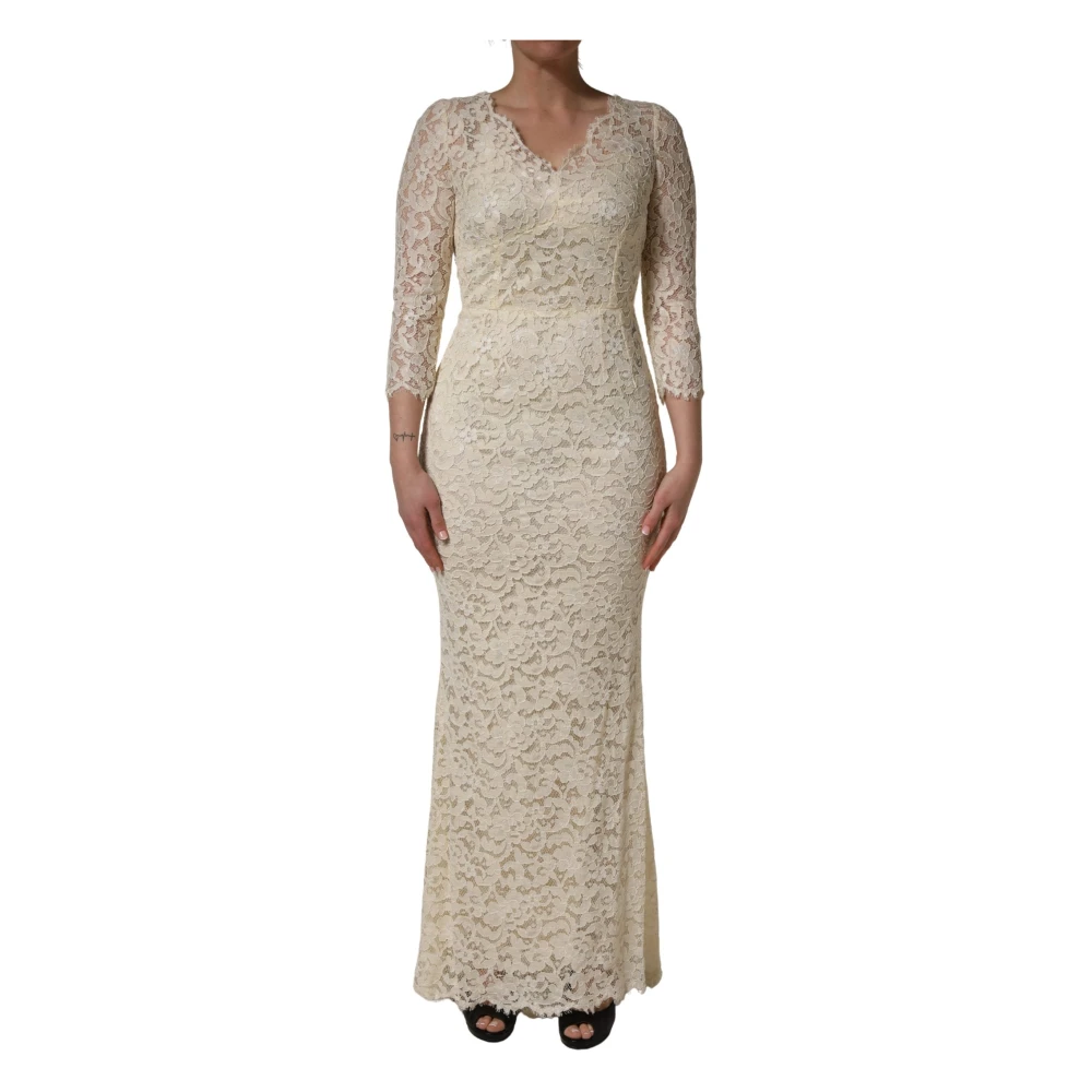 Dolce & Gabbana Women's White Gowns, Xs, Floral Lace Sheath Maxi Dress