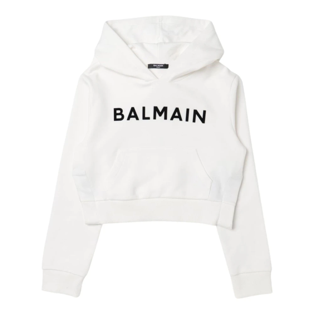 Balmain Vit Sammet Logo Hoodie White, Flicka