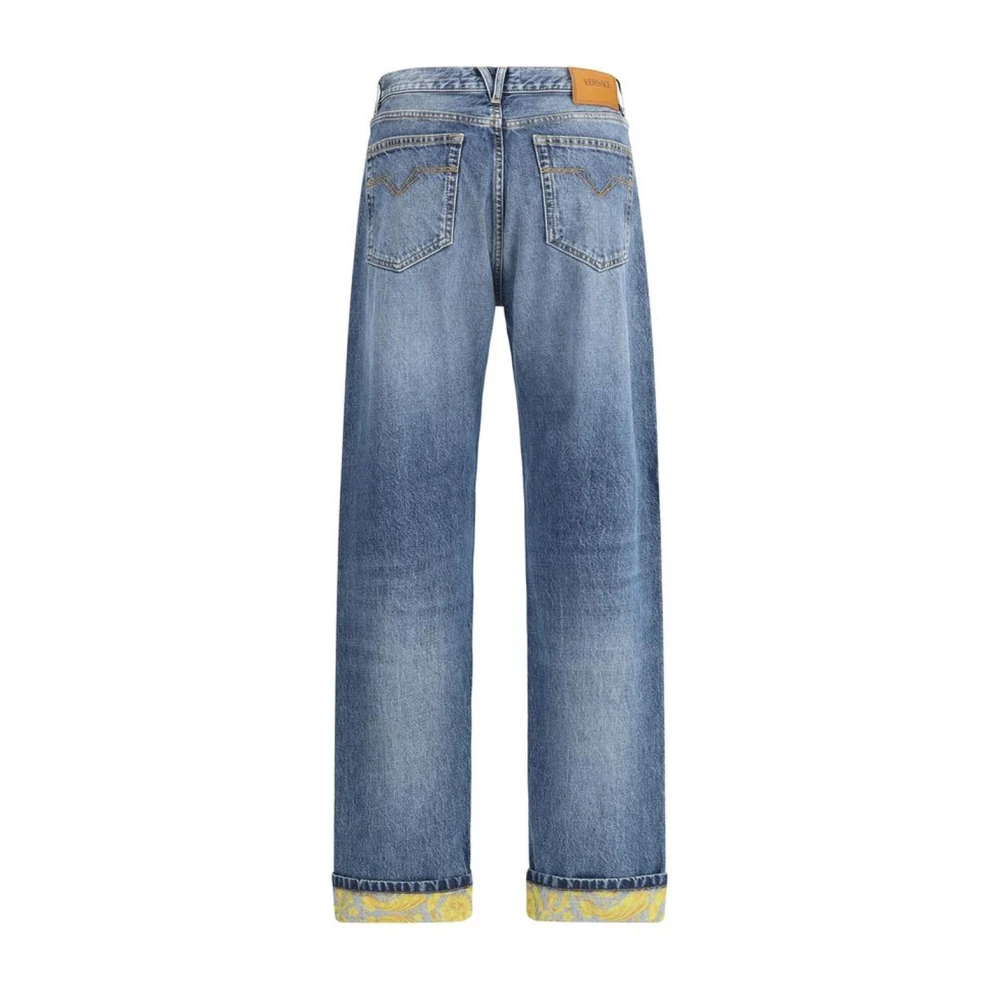Versace Gestreepte hoge taille jeans met Barocco revers Blue Heren