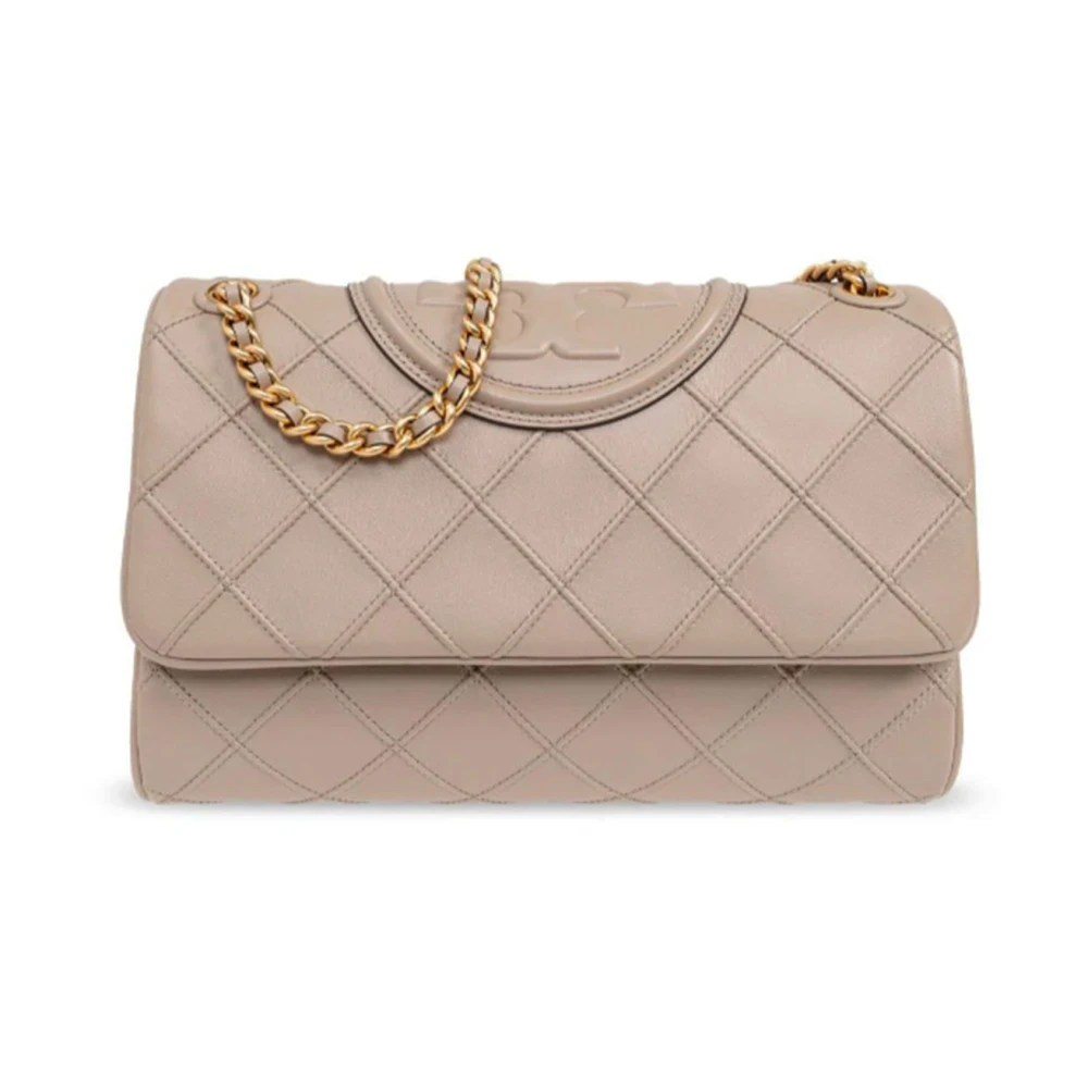 TORY BURCH Diamantgestikte leren schoudertas Beige Dames