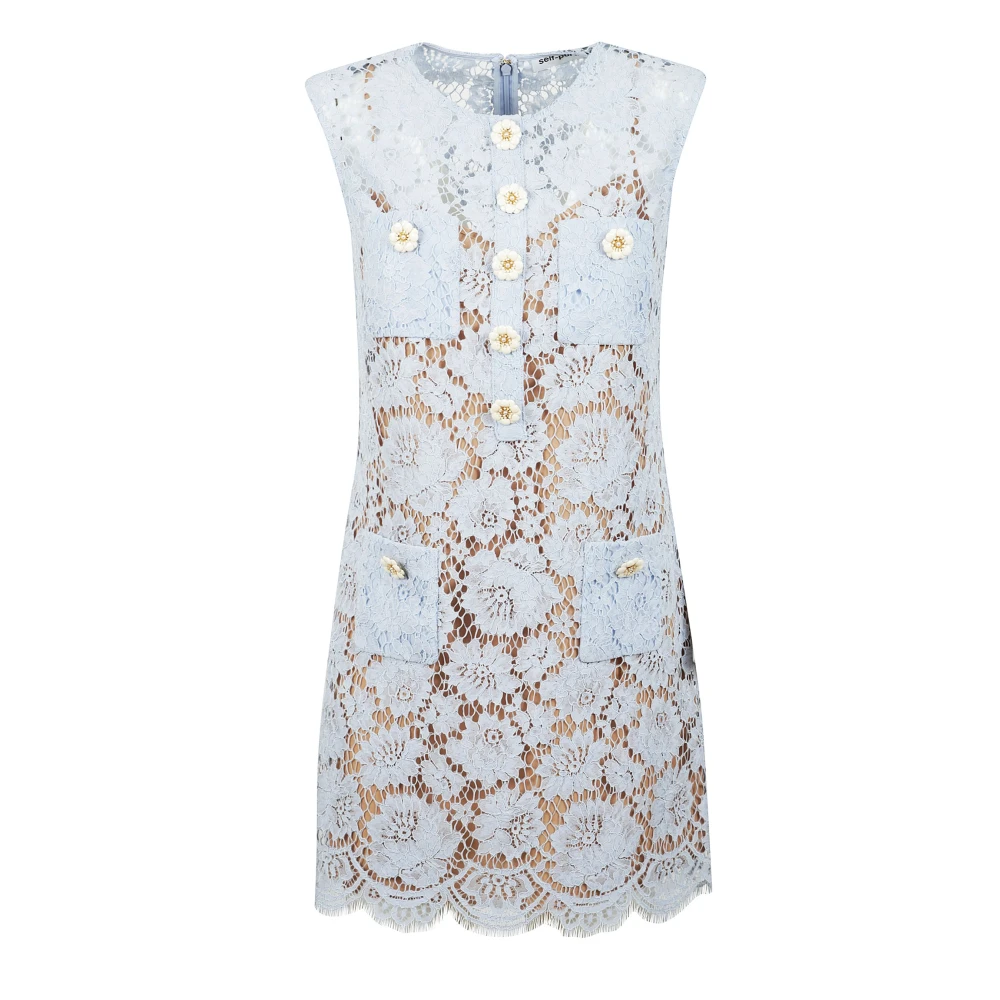 Self Portrait Women's Blue Lace Short Dress With Rhinestone Details