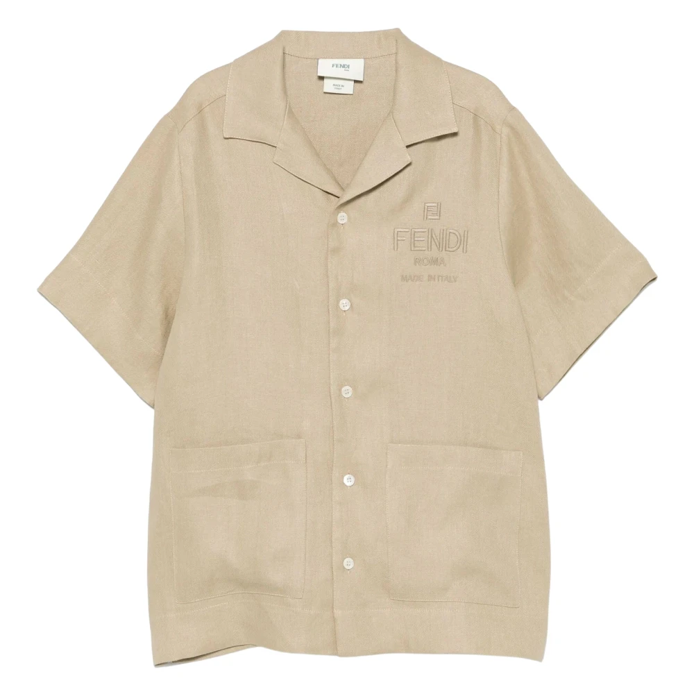 Fendi Boys Beige Kids Shirts, 8 Y, Linen Logo Shirt For