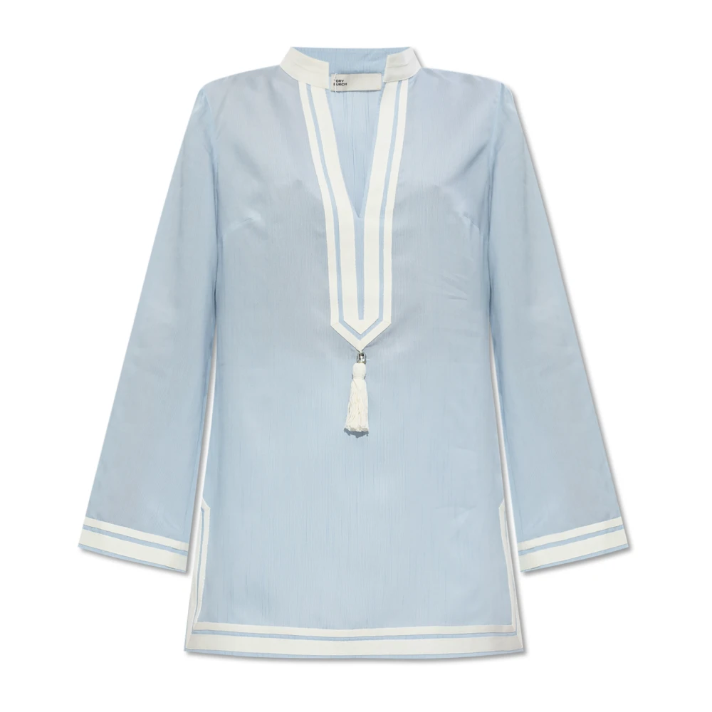 TORY BURCH Babyblauwe V-hals Shirt met Kwast Detail Blue Dames