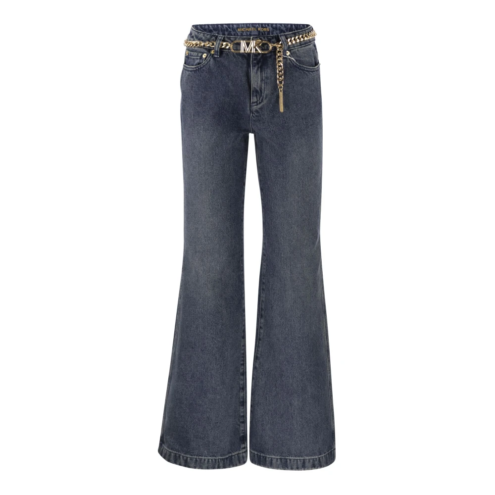 Michael Kors Women's Blue Flare Jeans, Xs, Flared Denim Jeans With Chain Belt