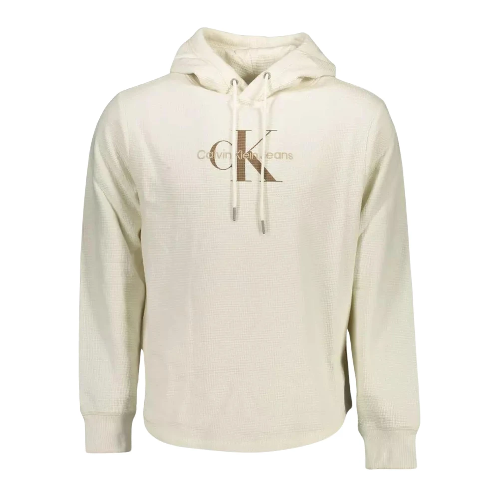 Calvin Klein Men's Beige Hoodies, 2XL, Embroidered Logo Cotton Hooded Jumper