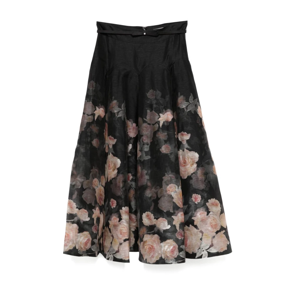 Zimmermann Svart Crush Midi Kjol med Blommönster Black, Dam