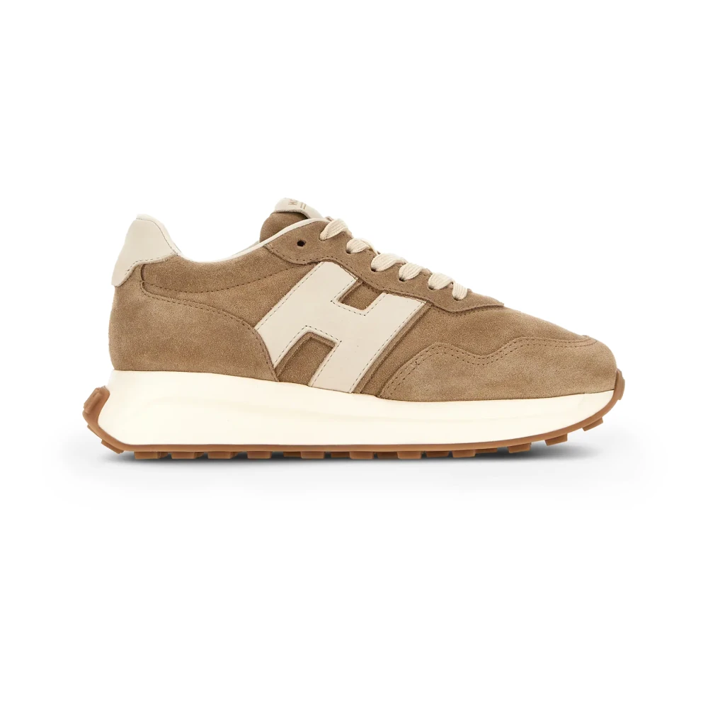 Hogan Kameel Suède Sneakers met Ivoorleren Inzetstukken Dames Schoenen Bruin