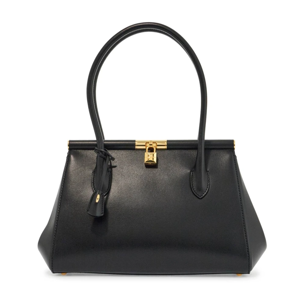 Dolce & Gabbana Elegante Zwarte Kalfsleren Handtas met Druksluiting Black Dames
