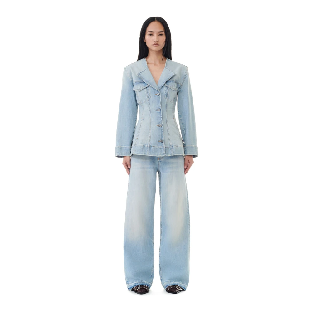 Ganni Blauwe Katoenen Blazer met V-Hals Blue Dames