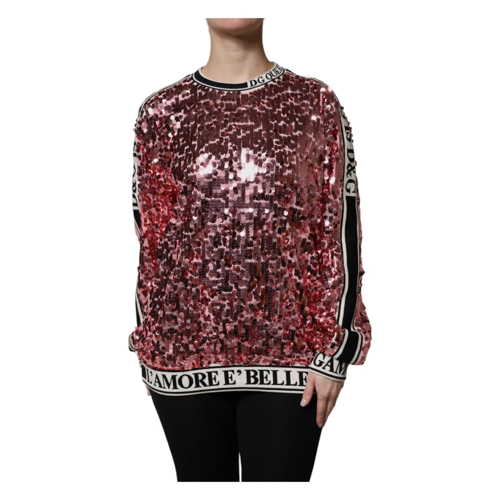 Dolce & Gabbana Women's Pink Round-Neck Knitwear, S, Sequin Queen Pullover Jumper