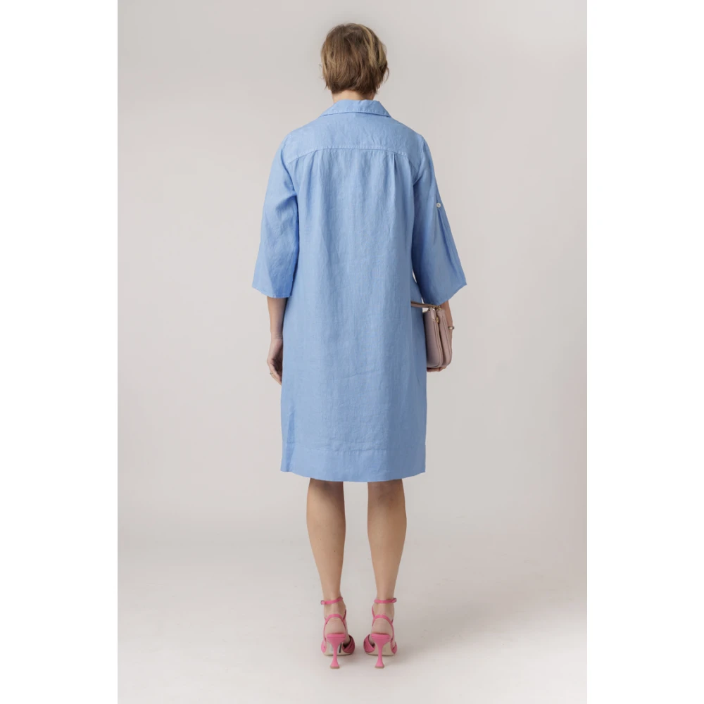 Rosso35 Lichtblauwe Linnen Jurk met Kraag Blue Dames