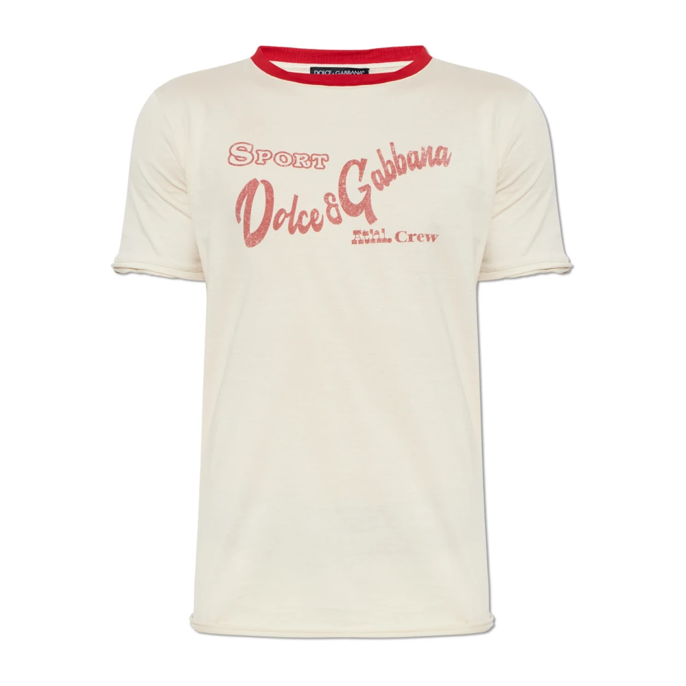 Dolce & Gabbana Mannelijk Beige Tops Heren, L, Katoen, Logo T-Shirt