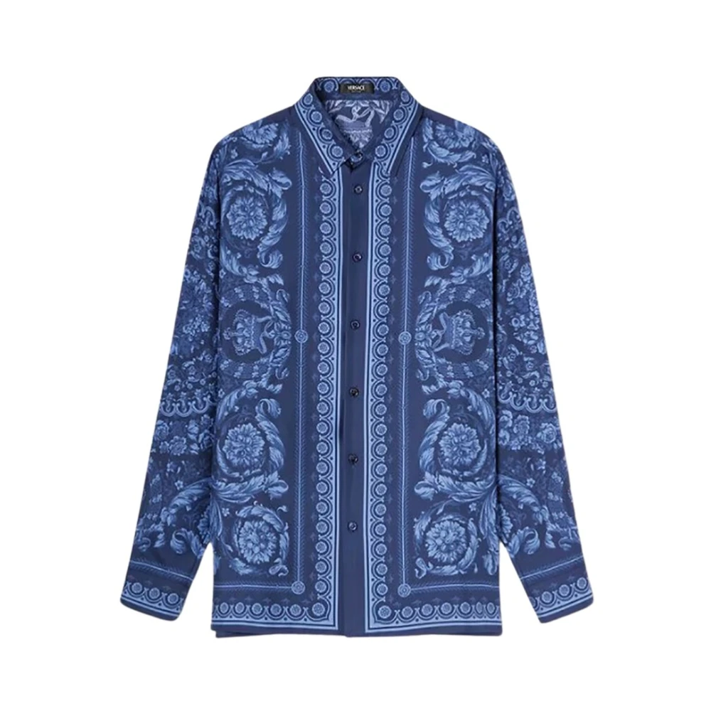 Versace Blauw Zijden Overhemd met Logo Print Blue Heren