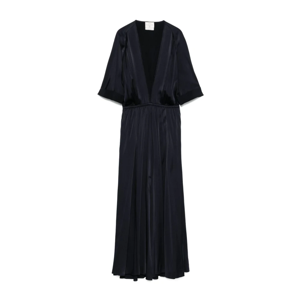 Forte Blauwe V-hals Jurk met Elastische Tailleband Blue Dames