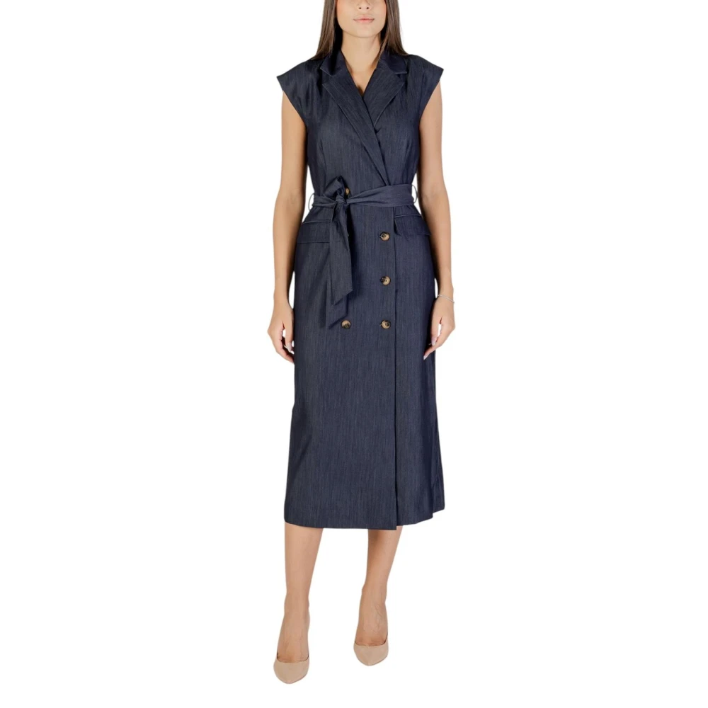 Ichi Women's Blue V-Neck Dress With Lapel Collar - Midi Dresses - L- Dresses