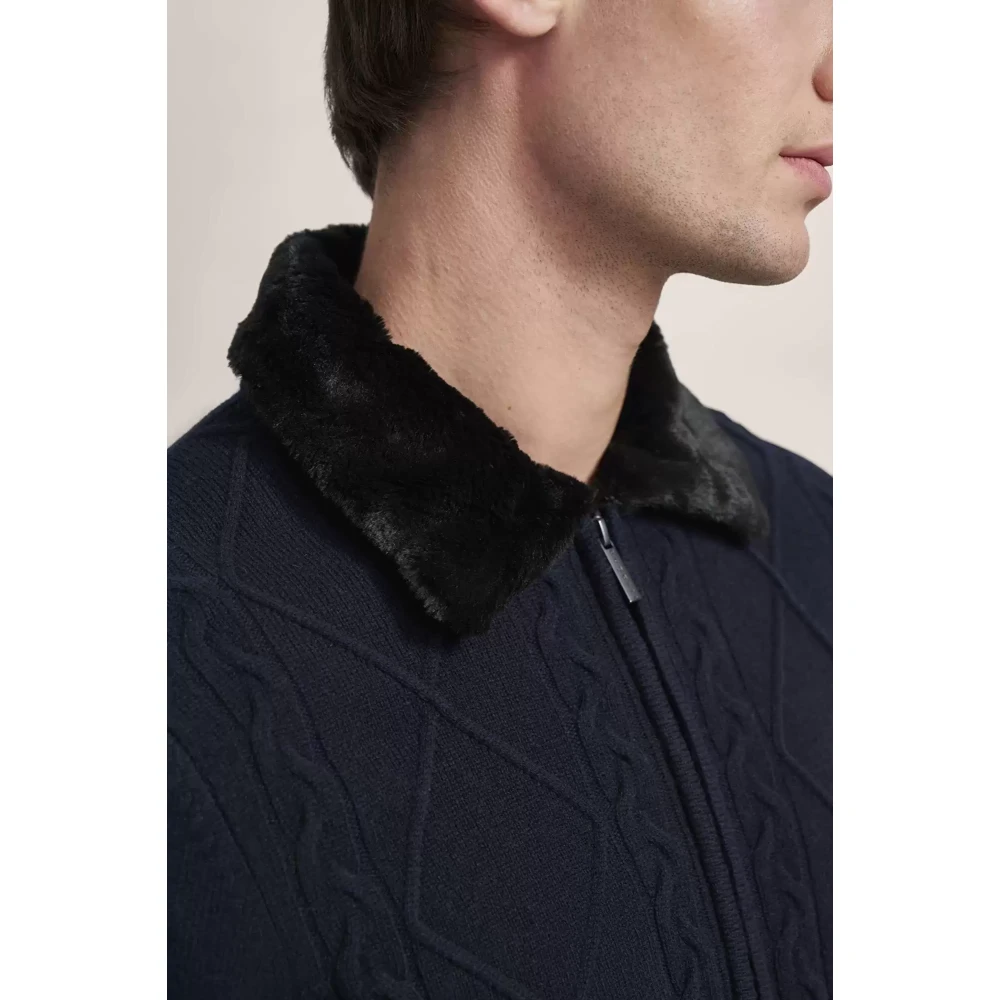 Bugatti Blauwe wollen blend jas met nepbont kraag Black Heren