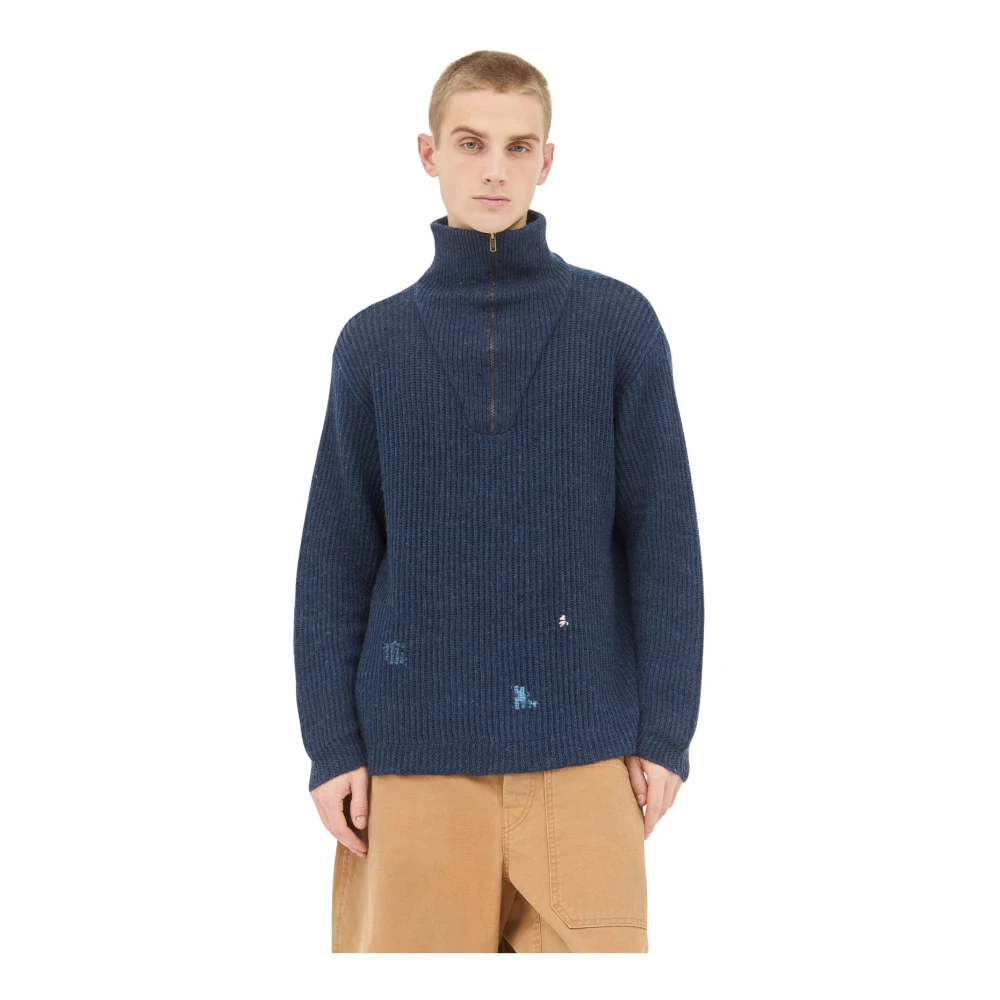 Maison Margiela Men's Blue Turtlenecks, S, Linen Wool Blend Knit Jumper