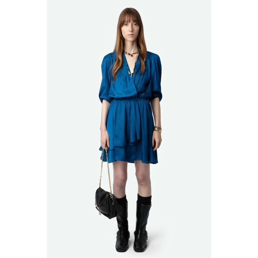 Zadig & Voltaire Blauwe Japanse Satijnen Jurk met Gekruiste Halslijn Blue Dames