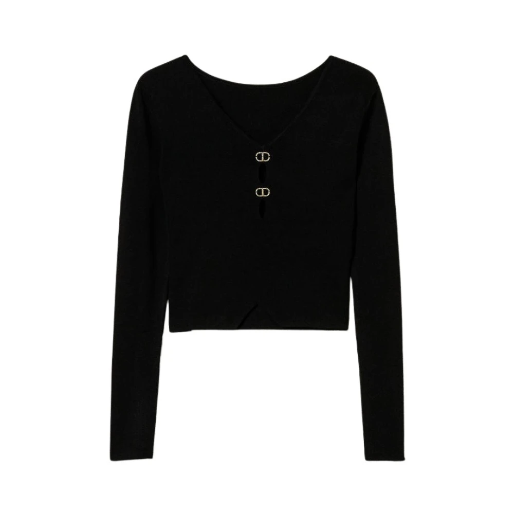 Twinset Omkeerbare zwarte truien met ovale T-metalen platen Black Dames