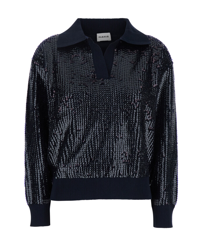 blue-sequin-polo-collar-sweater-woman