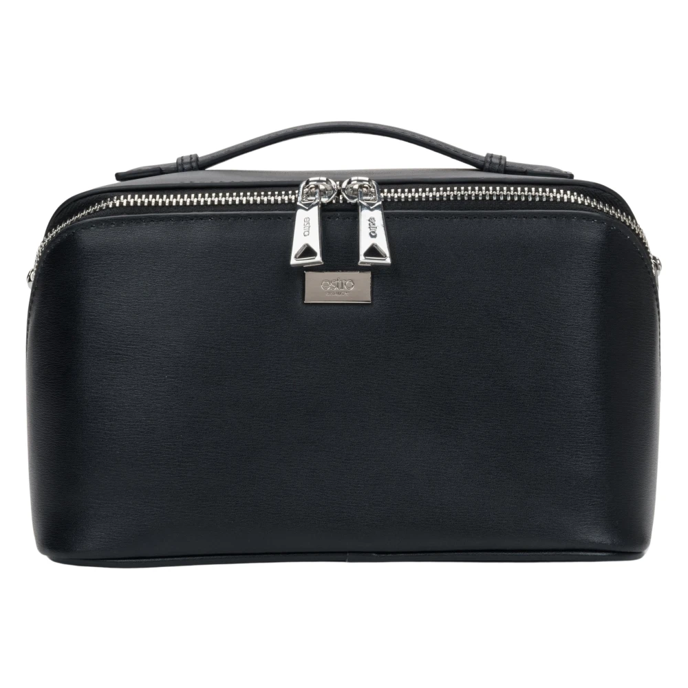Estro Zwarte Leren Compacte Make-up Tas voor Vrouwen Black Dames