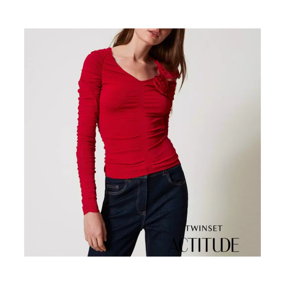 Twinset Aansluitende Top met Ruches en Bloemen Red Dames