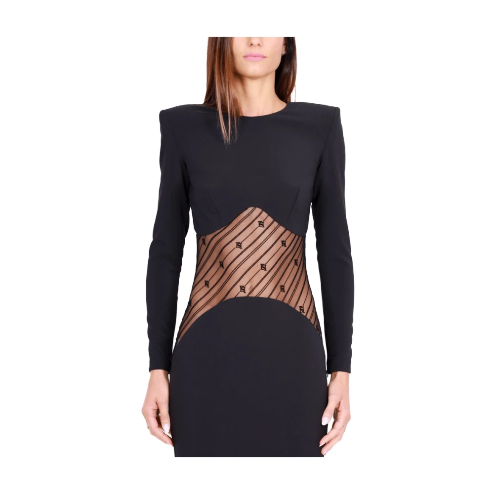 Elisabetta Franchi Lange Zwarte Crepe Jurk met Tule Inzet Black Dames