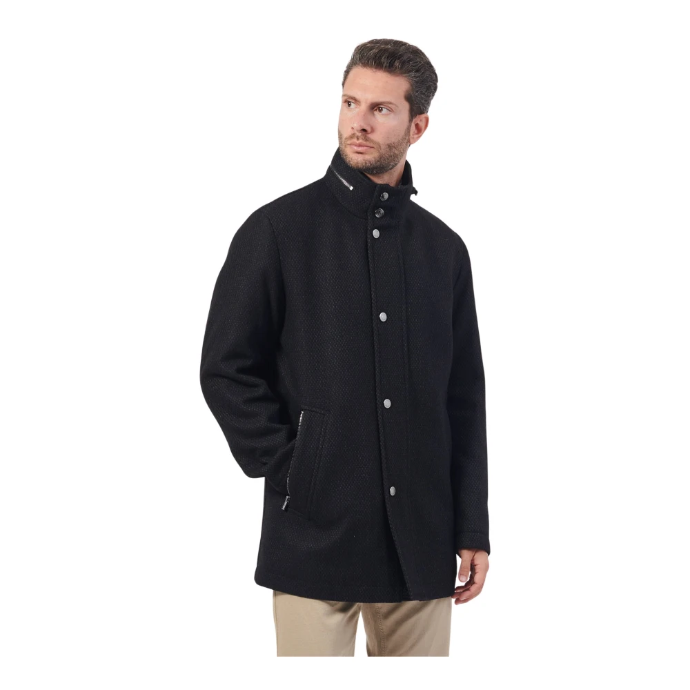 Hugo Boss Zwarte wollen hoge halsjas Black Heren