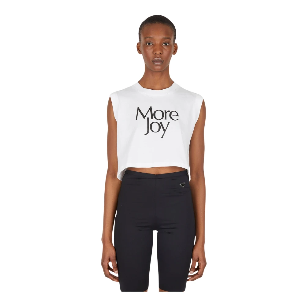 More Joy Women's White Sleeveless Tops, Xs, Logo Print Cropped T-Shirt