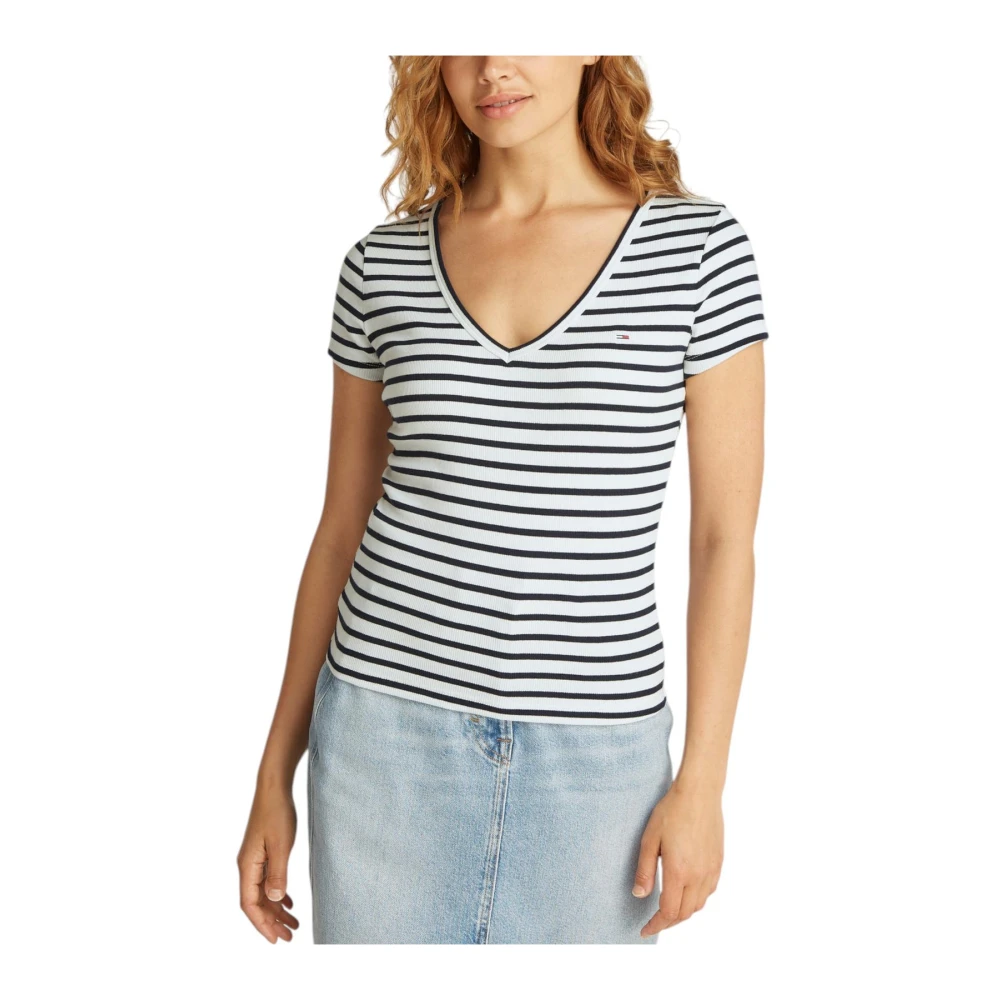Tommy Jeans Gestreept V-hals T-shirt voor vrouwen White Dames