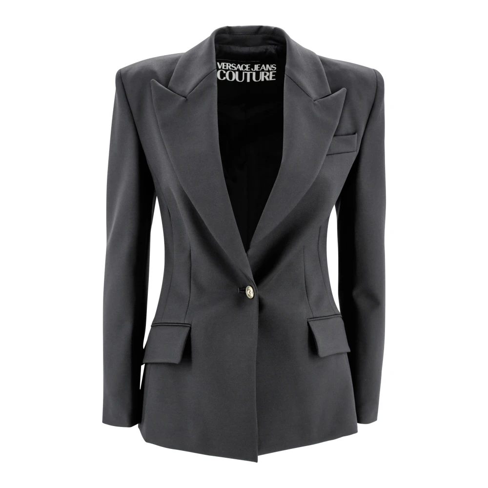 Versace Jeans Couture Zwarte Twill Jas met Logogesp Black Dames
