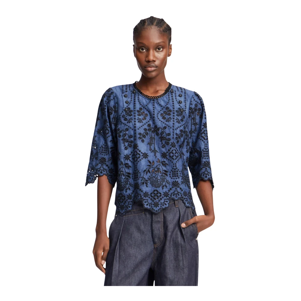 Munthe Geborduurde Top met Gedetailleerde Kraag Blue Dames