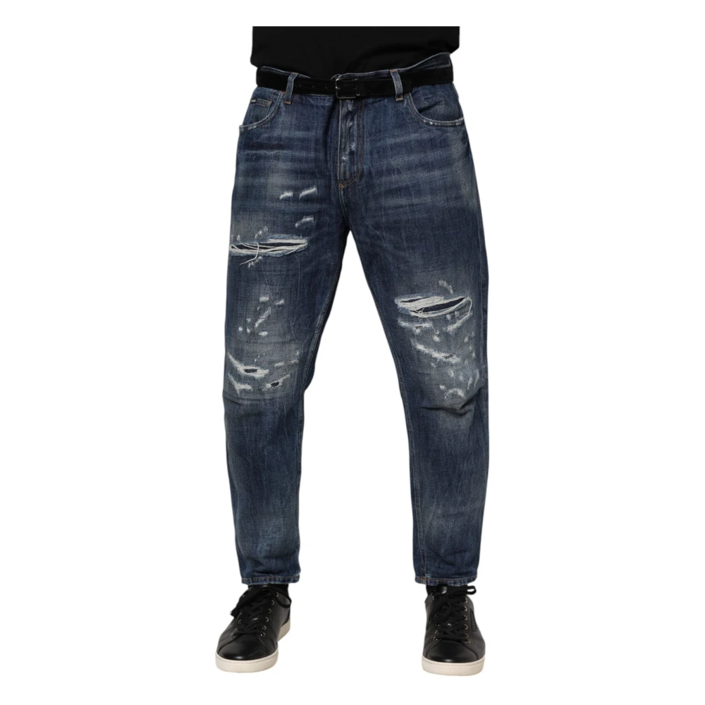 Dolce & Gabbana Men's Blue Slim Fit Jeans,, Tattered Tapered Denim Jeans Large