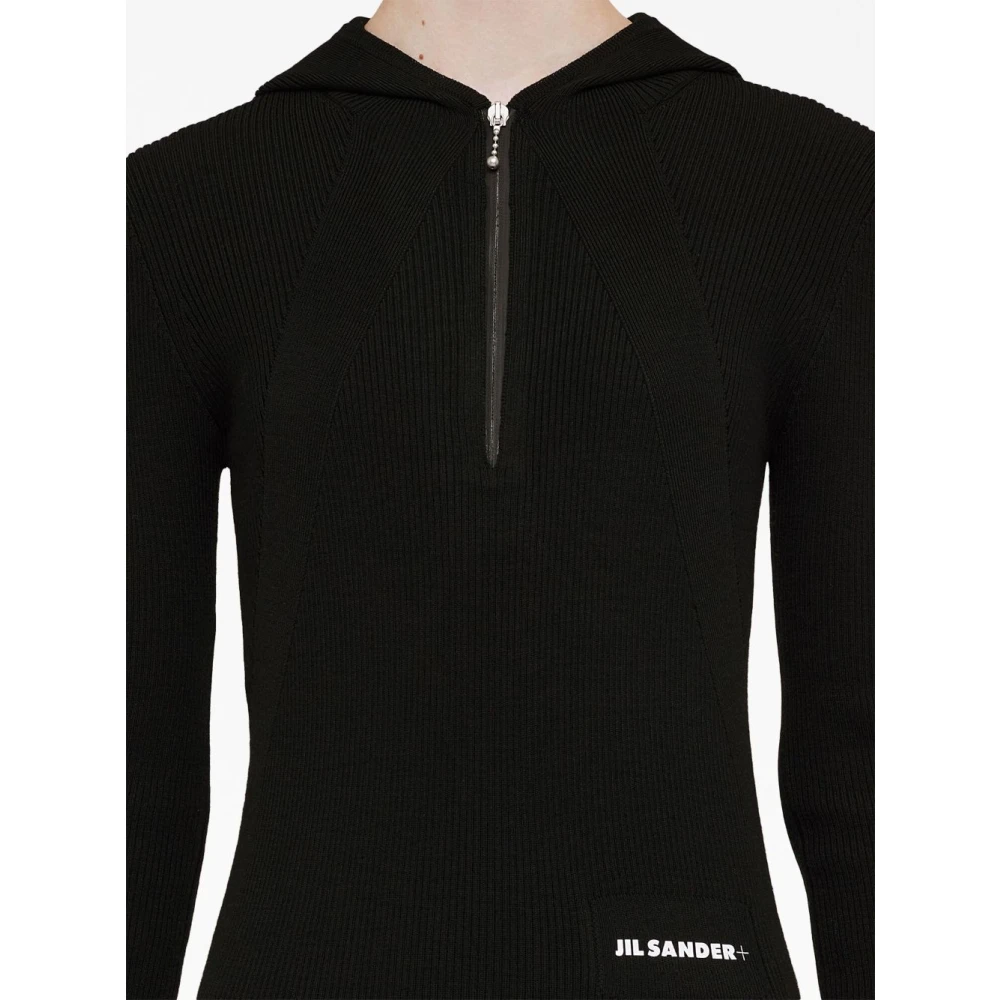 Jil Sander Zwarte Ribgebreide Hoodie Midi Jurk Black Dames