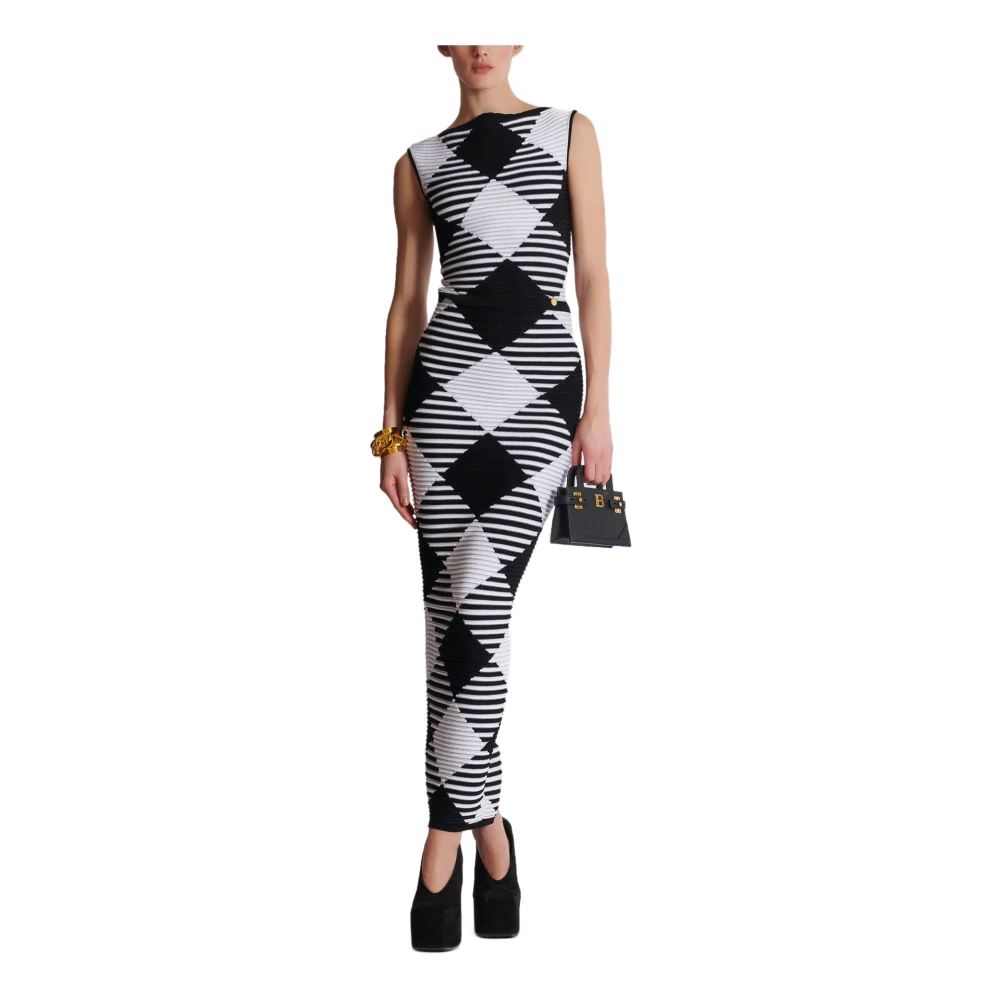 Balmain Halflange rok in geruite gebreide stof Black Dames