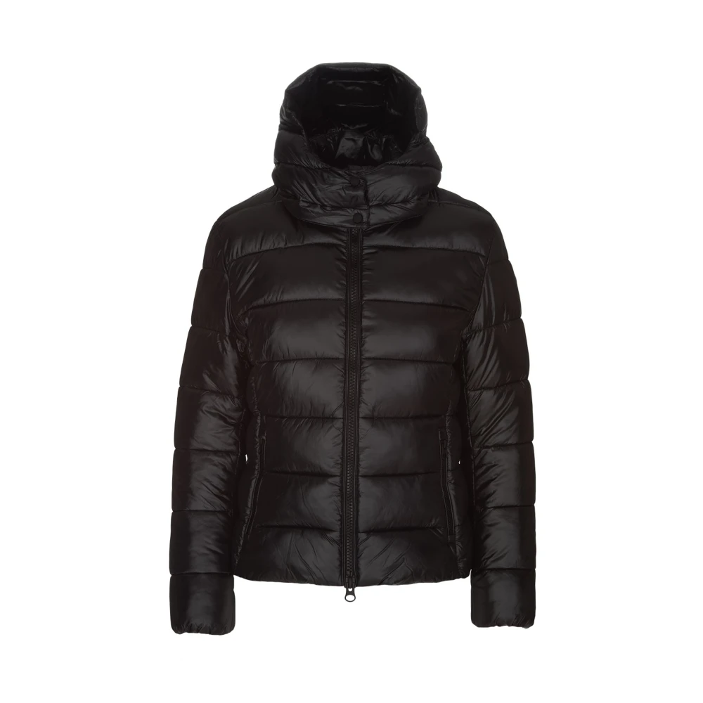 Save The Duck Women's Black Hooded Quilted Jacket With Logo