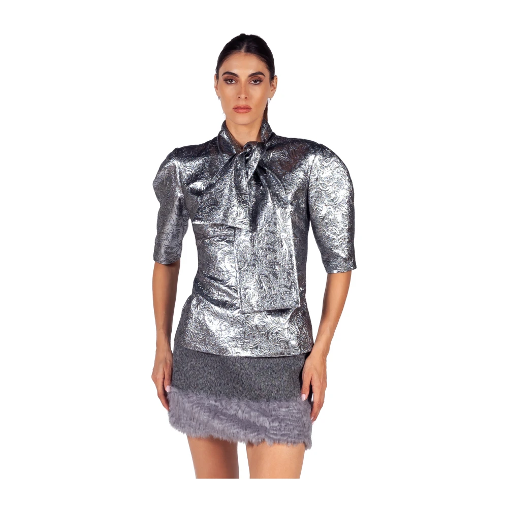 Msgm Metallic Jacquard Strik Hals Blouse Gray Dames