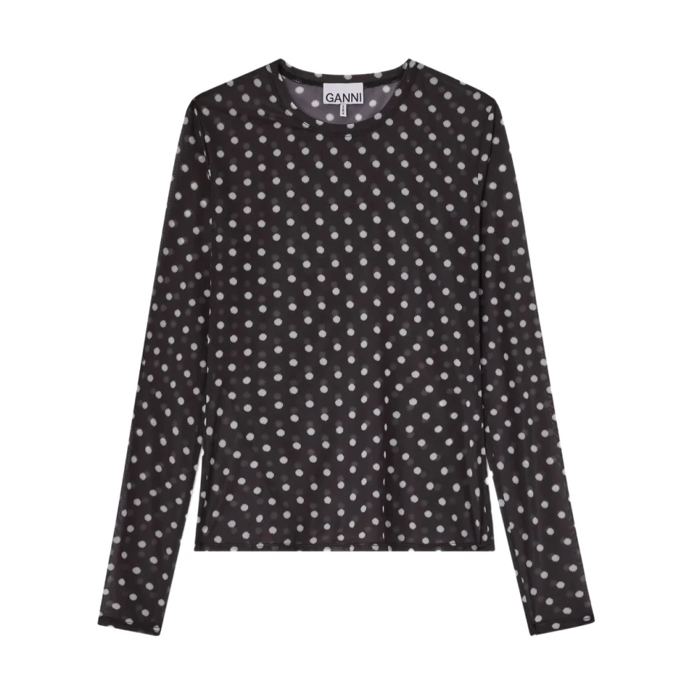 Ganni , Long Sleeve T-Shirts, Female, Black, M, Printed Sheer Long-Sleeve Top