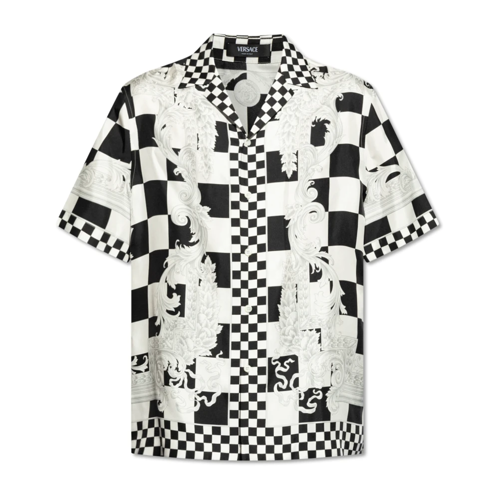 Versace Ruit Print Zijden Shirt Zwart Wit Multicolor Heren